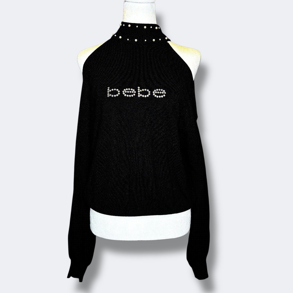 Bebe Womens Sweater Medium Black Cold Shoulder Rhinestone Logo‎ Mock Neck